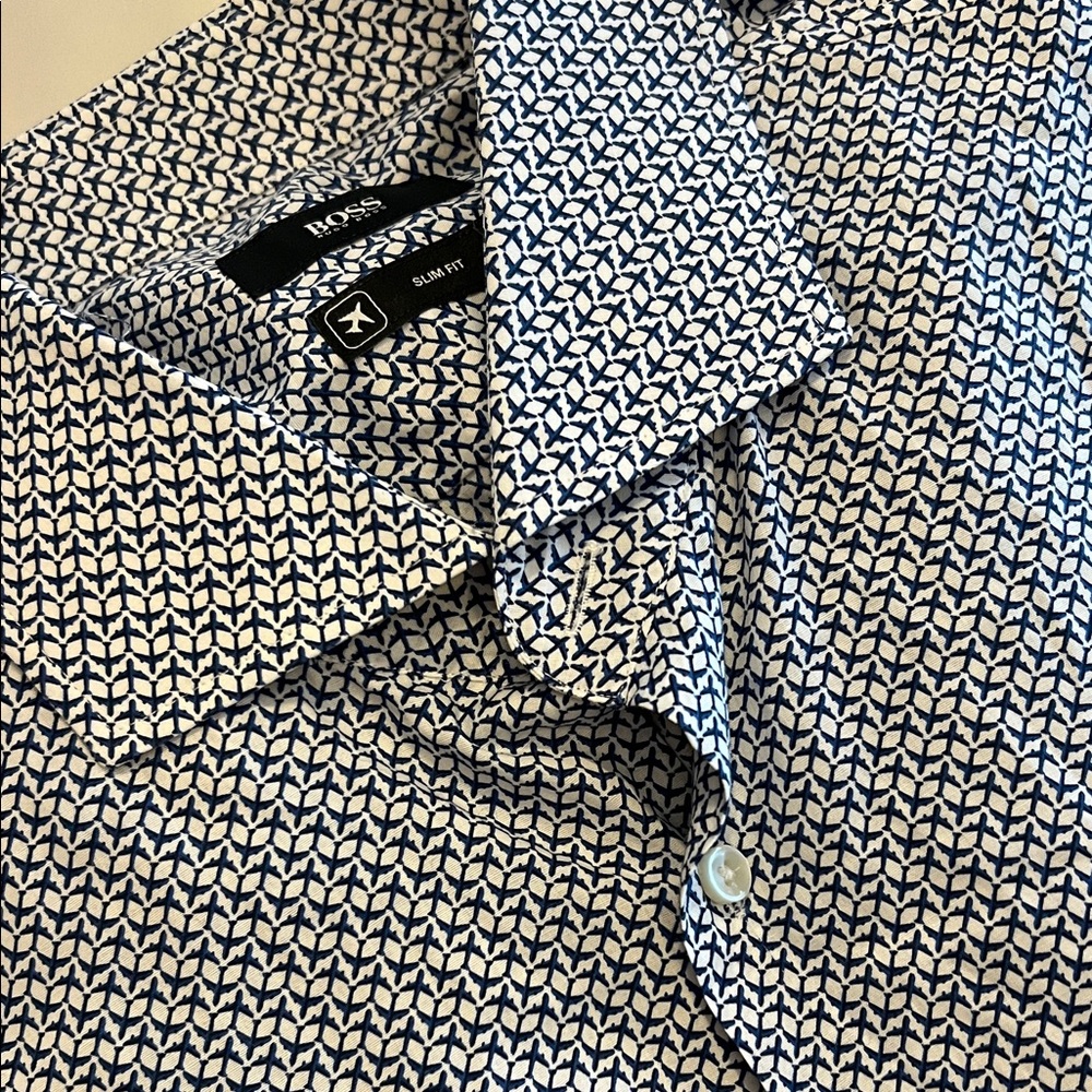 Boss Men's Navy and White Geometric Shirt
